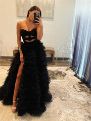 Black Ruffled Tulle Prom Dresses with Slit, Sweetheart neck & 3D Flower - FD3750