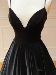 Black Velvet Prom Dresses Lace-up Back Spaghetti Strap V-neck Eevning Gown FD5283