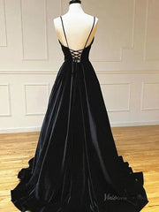 Black Velvet Prom Dresses Lace-up Back Spaghetti Strap V-neck Eevning Gown FD5283