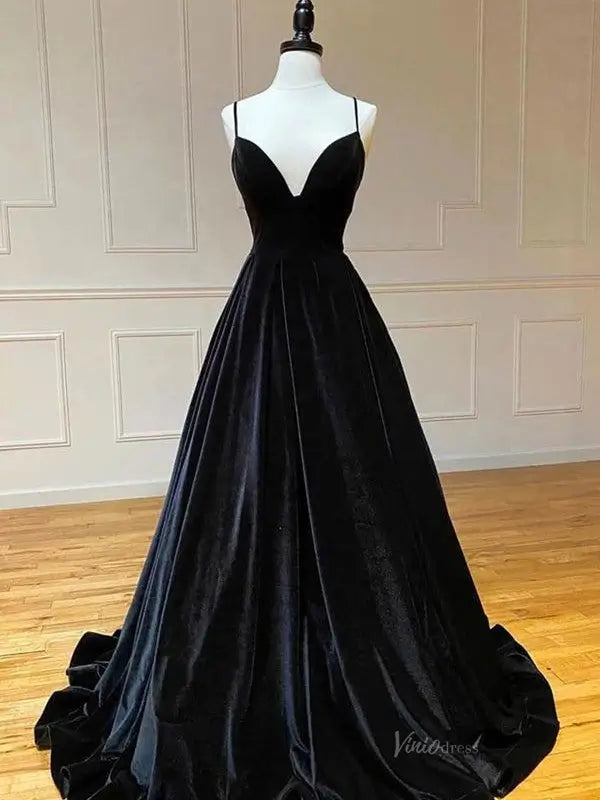 Black Velvet Prom Dresses Lace-up Back Spaghetti Strap V-neck Eevning Gown FD5283