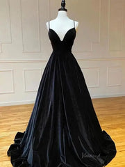 Black Velvet Prom Dresses Lace-up Back Spaghetti Strap V-neck Eevning Gown FD5283