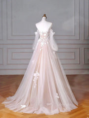 Blush Pink Off the Shoulder Lace Prom Dresses with Long Sleeve, 3D Flower & Sweetheart Neck - FD5102
