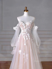 Blush Pink Off the Shoulder Lace Prom Dresses with Long Sleeve, 3D Flower & Sweetheart Neck - FD5102