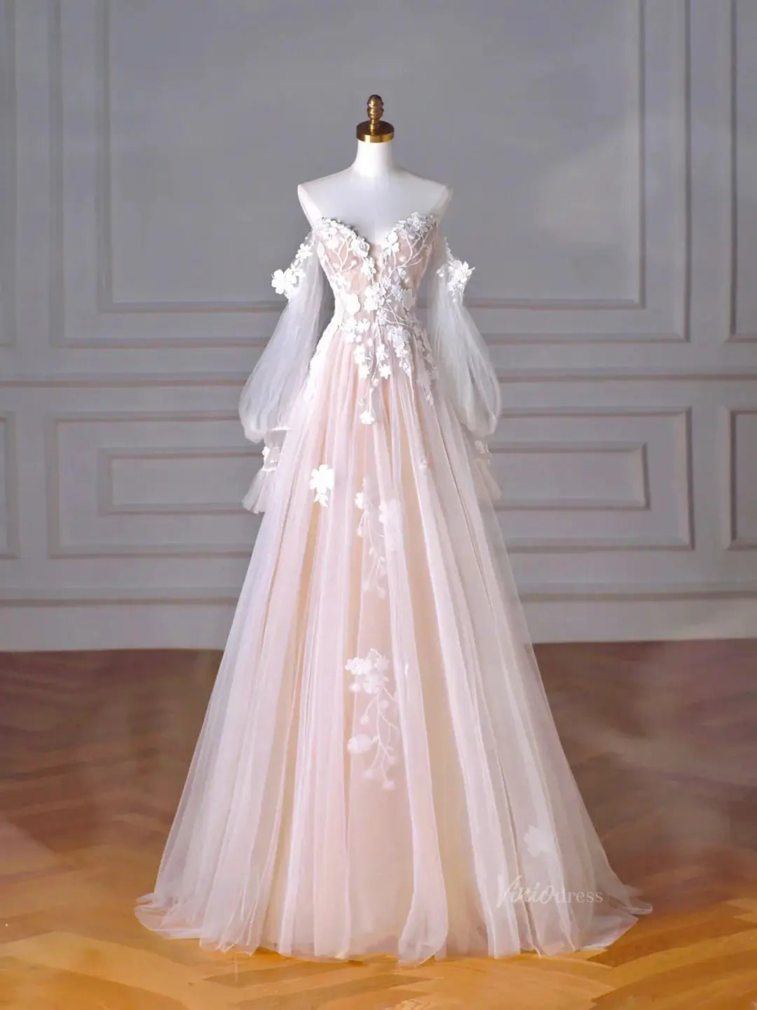 Blush Pink Off the Shoulder Lace Prom Dresses with Long Sleeve, 3D Flower & Sweetheart Neck - FD5102