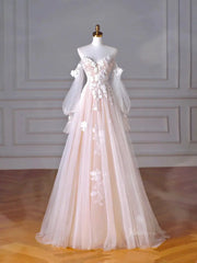 Blush Pink Off the Shoulder Lace Prom Dresses with Long Sleeve, 3D Flower & Sweetheart Neck - FD5102