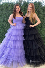 Bright Pink Tiered Prom Dress Strapless Ruffle Tulle Pageant Gown FD2855