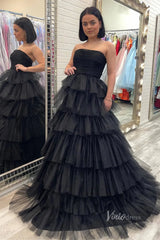 Bright Pink Tiered Prom Dress Strapless Ruffle Tulle Pageant Gown FD2855