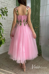 Bright Pink Tulle Prom Dress with Pockets Green Leaves Maxi Dress SD1439