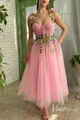 Bright Pink Tulle Prom Dress with Pockets Green Leaves Maxi Dress SD1439