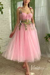 Bright Pink Tulle Prom Dress with Pockets Green Leaves Maxi Dress SD1439