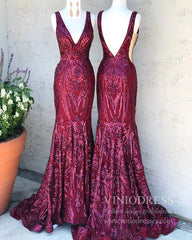 Burgundy Sequin Prom Dresses Mermaid Vintage Formal Dress FD1545