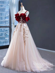 Burgundy Velvet Long Prom Dresses Champagne Tulle Ball Gown FD1974