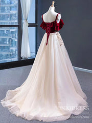 Burgundy Velvet Long Prom Dresses Champagne Tulle Ball Gown FD1974