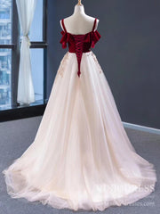 Burgundy Velvet Long Prom Dresses Champagne Tulle Ball Gown FD1974