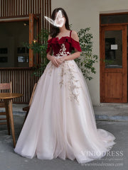Burgundy Velvet Long Prom Dresses Champagne Tulle Ball Gown FD1974