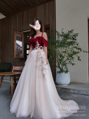Burgundy Velvet Long Prom Dresses Champagne Tulle Ball Gown FD1974