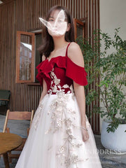 Burgundy Velvet Long Prom Dresses Champagne Tulle Ball Gown FD1974