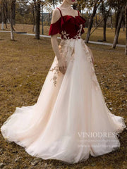 Burgundy Velvet Long Prom Dresses Champagne Tulle Ball Gown FD1974