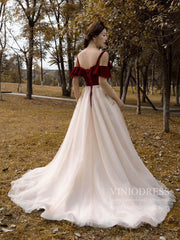Burgundy Velvet Long Prom Dresses Champagne Tulle Ball Gown FD1974