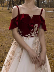 Burgundy Velvet Long Prom Dresses Champagne Tulle Ball Gown FD1974