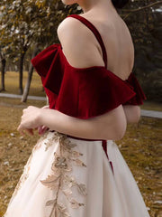 Burgundy Velvet Long Prom Dresses Champagne Tulle Ball Gown FD1974