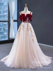 Burgundy Velvet Long Prom Dresses Champagne Tulle Ball Gown FD1974