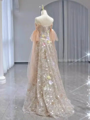 Champagne Sparkly Lace Prom Dresses with Extra Long Sleeve & 3D Flower - FD5110