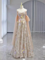 Champagne Sparkly Lace Prom Dresses with Extra Long Sleeve & 3D Flower - FD5110