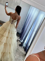Champagne Tulle Tiered Prom Dresses with Spaghetti Strap, Plunging V-Neck & Lace Bodice - FD3749
