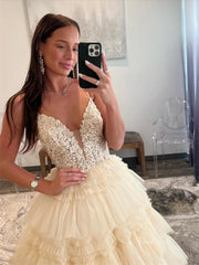 Champagne Tulle Tiered Prom Dresses with Spaghetti Strap, Plunging V-Neck & Lace Bodice - FD3749