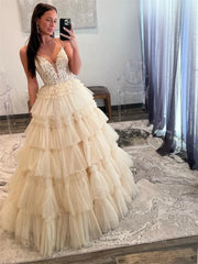Champagne Tulle Tiered Prom Dresses with Spaghetti Strap, Plunging V-Neck & Lace Bodice - FD3749