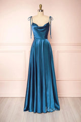 Cowl Neck Silky Satin Long Prom Dress with Slit Spaghetti Strao FD1642