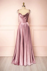 Cowl Neck Silky Satin Long Prom Dress with Slit Spaghetti Strao FD1642