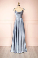 Cowl Neck Silky Satin Long Prom Dress with Slit Spaghetti Strao FD1642