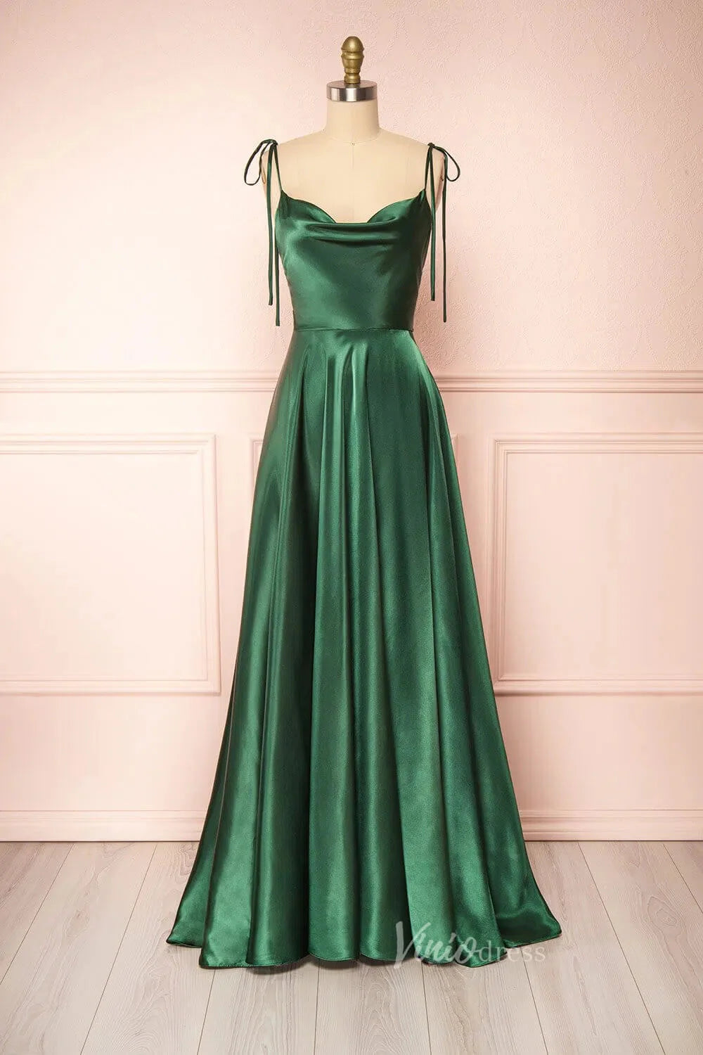 Cowl Neck Silky Satin Long Prom Dress with Slit Spaghetti Strao FD1642