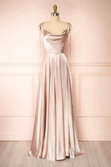 Cowl Neck Silky Satin Long Prom Dress with Slit Spaghetti Strao FD1642