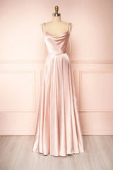 Cowl Neck Silky Satin Long Prom Dress with Slit Spaghetti Strao FD1642