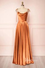 Cowl Neck Silky Satin Long Prom Dress with Slit Spaghetti Strao FD1642