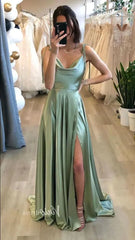 Cowl Neck Silky Satin Long Prom Dress with Slit Spaghetti Strao FD1642