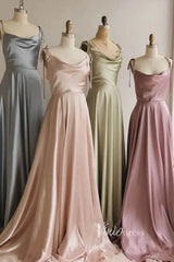 Cowl Neck Silky Satin Long Prom Dress with Slit Spaghetti Strao FD1642