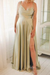 Cowl Neck Silky Satin Long Prom Dress with Slit Spaghetti Strao FD1642