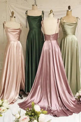 Cowl Neck Silky Satin Long Prom Dress with Slit Spaghetti Strao FD1642