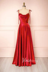 Cowl Neck Silky Satin Long Prom Dress with Slit Spaghetti Strao FD1642