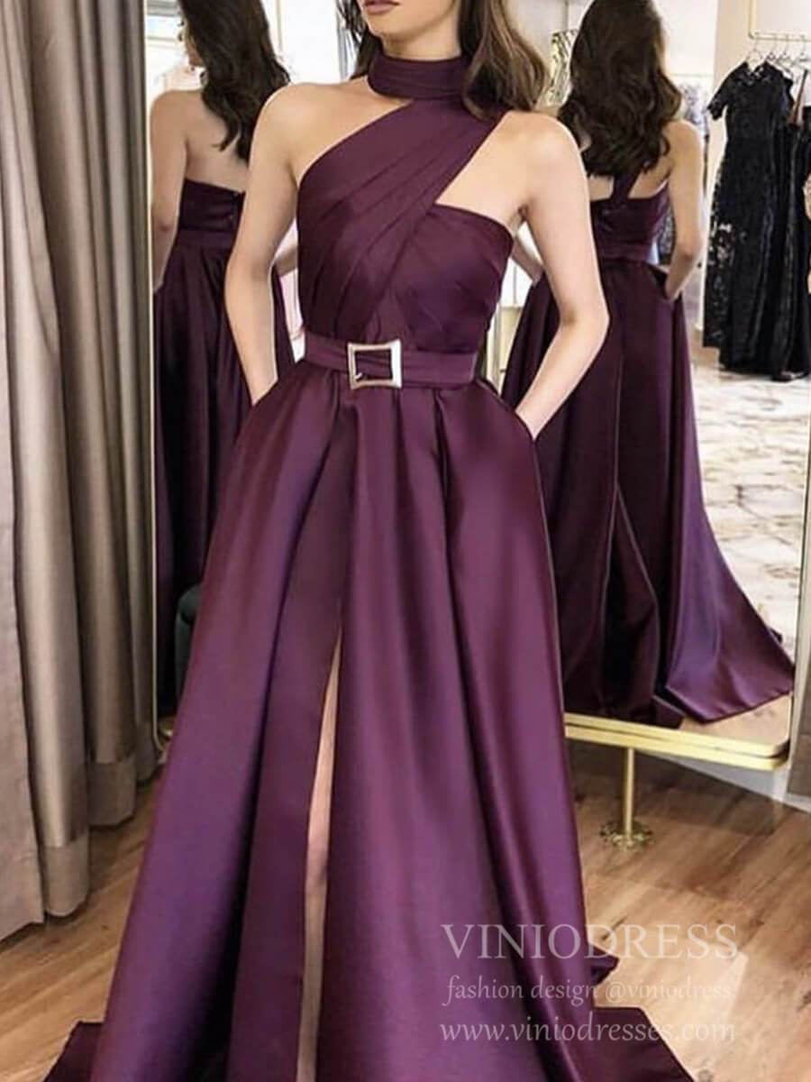 Deep Purple Satin Prom Dresses with Slit, Halter Neck, Pockets FD1814