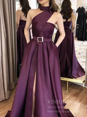 Deep Purple Satin Prom Dresses with Slit, Halter Neck, Pockets FD1814