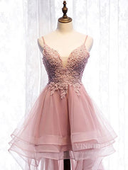 Dusty Blue High Low Prom Dresses Spaghetti Strap Cocktail Party Dress FD1684