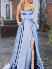 Dusty Rose Pink Satin Long Prom Dresses with Pockets FD1350