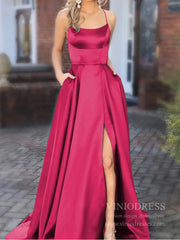 Dusty Rose Pink Satin Long Prom Dresses with Pockets FD1350
