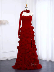 Elegant Pink Rose Prom Dresses Flower Blossom Sheath Formal Dress Strapless BD037