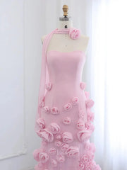 Elegant Pink Rose Prom Dresses Flower Blossom Sheath Formal Dress Strapless BD037